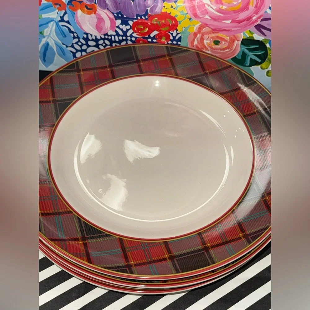NWT NEW Spode Christmas Tree Tartan 10.5” Dinner Plate Plates Set of 4 - Picture 2 of 5